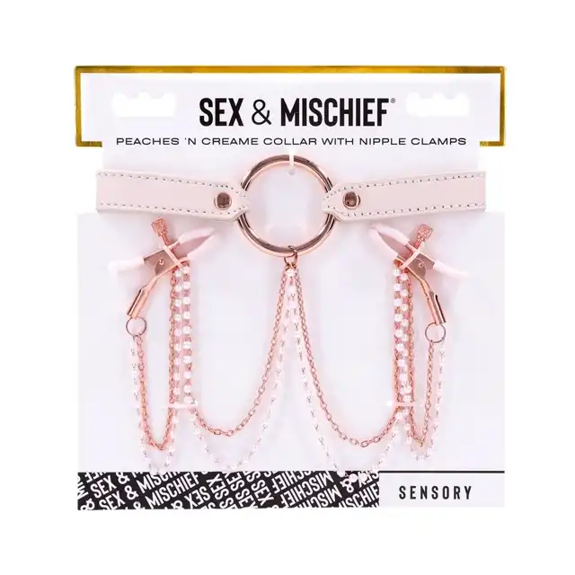 Sportsheets - S&amp;M Peaches ‘n CreaMe Collar with Nipple Clamps Cream. Urocza obroża z klamerkami na sutki, brzoskwiniowy soft BDSM