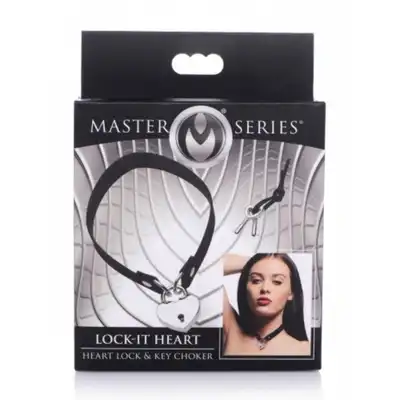 Master Series - Lock-It Heart Choker With Lockable Heart. Choker z zamykanym srebrnym serduszkiem, choker z wegańskiego materiału