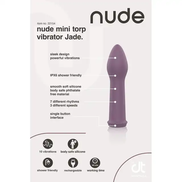 Nude - Jade Mini Torp Vibrator. Mini wibrator o klasycznym kształcie z powiększoną główką, idealny w podróży