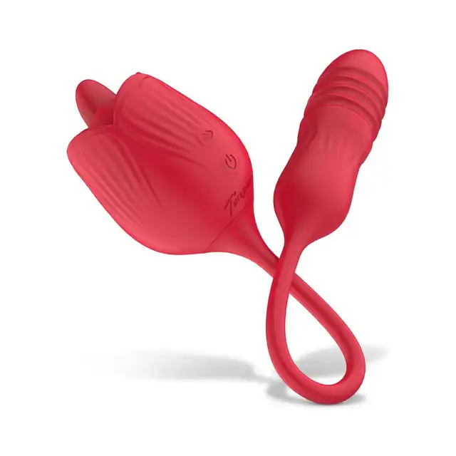 Teazers - Rose Vibrator with Thrusting Dildo. Zabawka, która łączy w sobie trzy rodzaje stymulacji: wibracje, pchnięcia oraz lizanie językiem, pełne spektrum przyjemności