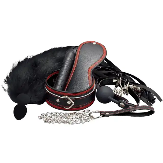 Erospace - Wild Play BDSM 7pcs Set.  Zestaw BDSM z kneblem, obrożą, smyczą, zaciskami na sutki, opaską na oczy i silikonowym korkiem analnym dla prawdziwych miłośników kontrolowanej przyjemności