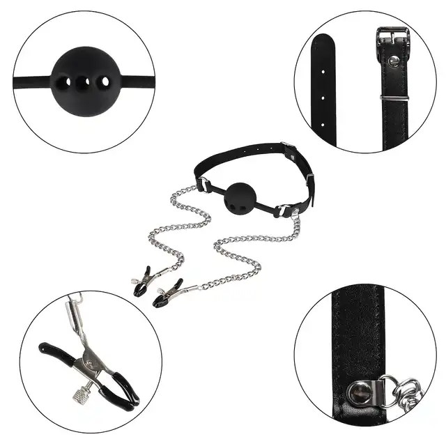 Erospace - Wild Play Mouth Gag with Nipple Clamps. Knebel z zaciskami na sutki – intensywna kontrola i podwójna rozkosz
