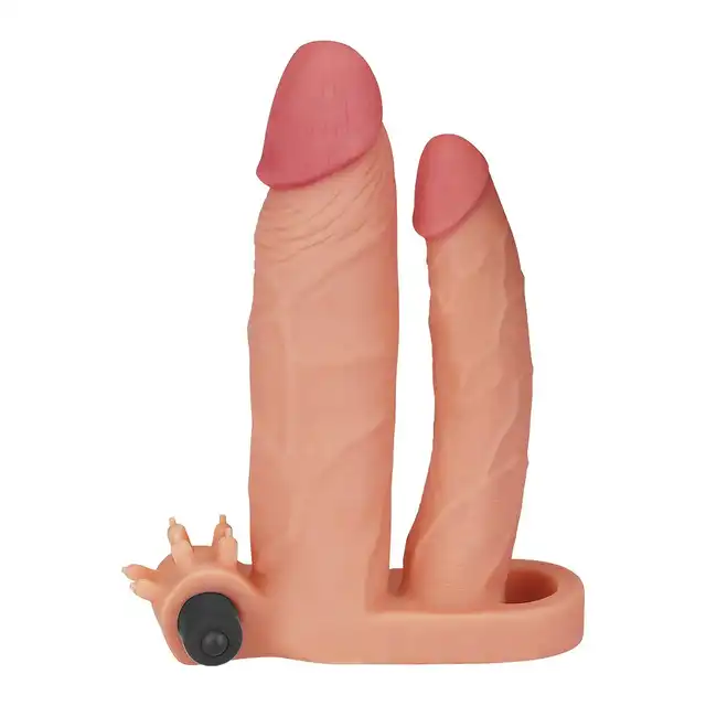Lovetoy - Pleasure X-Tender Series 25 mm. Realistyczna przedłużka na penisa z dildem do podwójnej penetracji i stymulatorem łechtaczki
