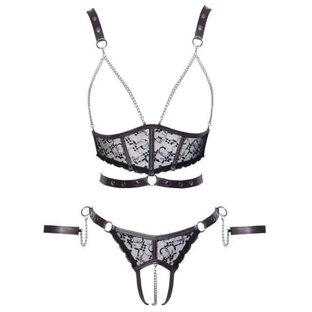 Cottelli Bondage - Top Set L. Stylowy zestaw erotycznej bielizny z wycięciami, komplet z elementami bondage