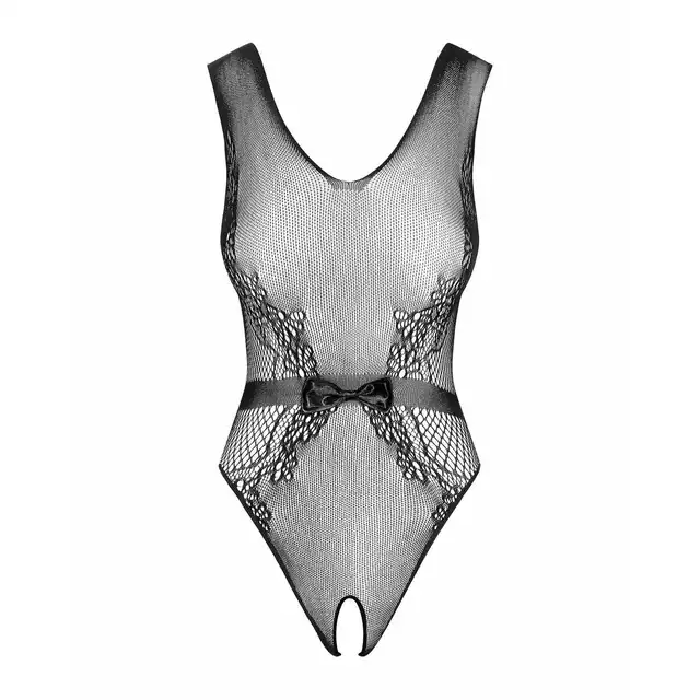 Obsessive - Body B115 S/M/L. Seksowne body z otwartym krokiem, połyskującą kokardką i wzorem podkreślającym kobiece kształty
