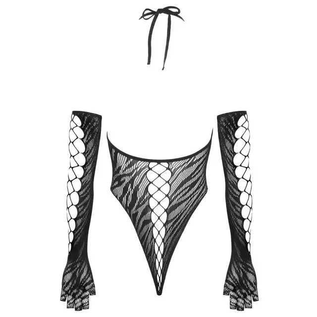 Cottelli Collection - Body. Uwodzicielskie tygrysie paski i długie rękawiczki w zestawie