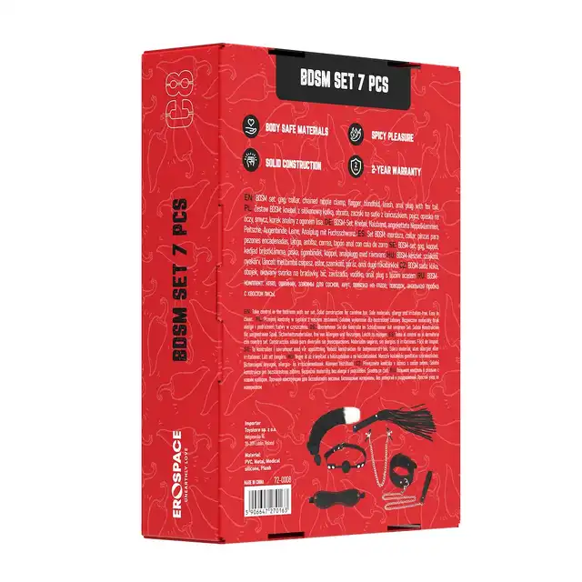 Erospace - Wild Play BDSM 7pcs Set.  Zestaw BDSM z kneblem, obrożą, smyczą, zaciskami na sutki, opaską na oczy i silikonowym korkiem analnym dla prawdziwych miłośników kontrolowanej przyjemności