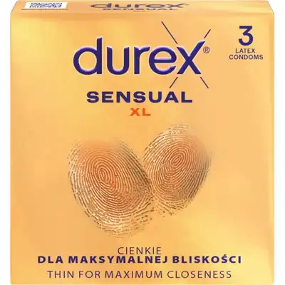 Durex - Sensual XL 3szt. Najcieńsze prezerwatywy w rozmiarze XL zaprojektowane, aby zapewnić maksymalną wrażliwość przy pełnym bezpieczeństwie i komforcie