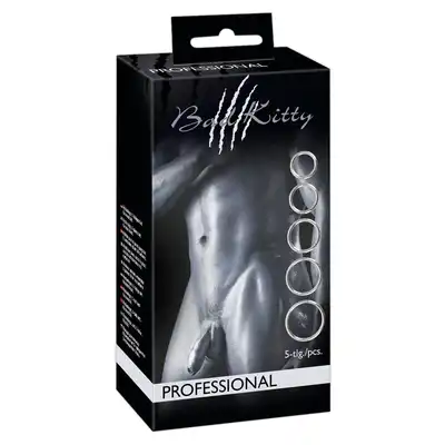 Bad Kitty - Professional Metal Cock Ring Set - Zestaw 5 metalowych ringów na penisa i jądra. Różne rozmiary i solidna stal.