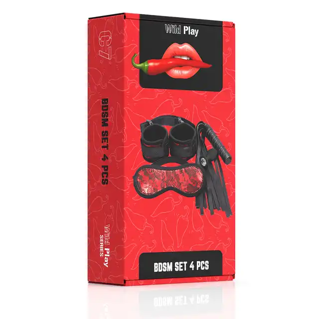 Erospace - Wild Play BDSM 4psc Set. Zestaw BDSM z kajdankami, pejczem, opaską na oczy i silikonowym korkiem analnym dla intensywnych wrażeń i pełnej kontroli