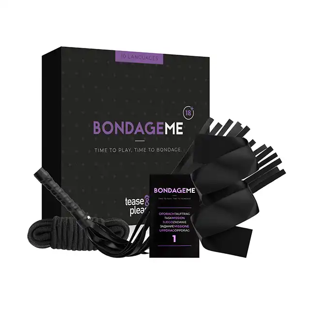 Tease&amp;Please - Bondage Me. Erotyczna gra dla par z elementami BDSM, w zestawie lina, bacik, opaska na oczy i karty z zadaniami