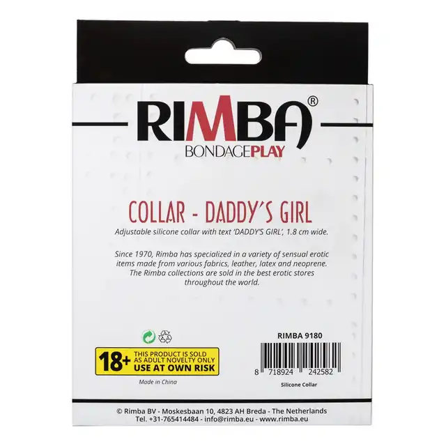 Rimba - Collar Daddy's Girl. Stylowa i odważna obroża z napisem „Daddy's Girl”, wykonana z wysokiej jakości silikonu, zapewniająca komfort i efektowny wygląd