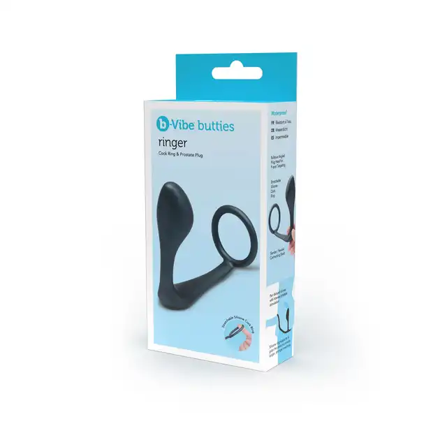 B-Vibe - Ringer Cock Ring and Plug. Ring ze stymulacją prostaty, wodoodporny