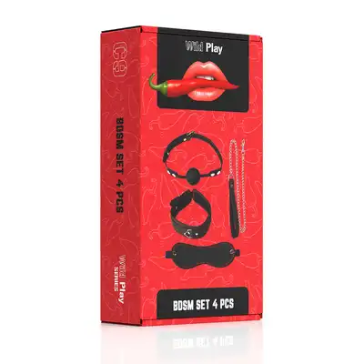 Erospace - Wild Play BDSM 4pcs Set. Zestaw BDSM z kneblem, obrożą, smyczą i opaską na oczy, kontrola, komfort i zmysłowe uniesienie