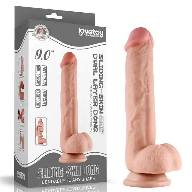 LoveToy - Sliding Skin Dual Leyer Dong 9". Hiperrealistyczne duże dildo z odczepianą przyssawką