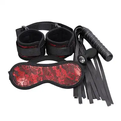 Erospace - Wild Play BDSM 4psc Set. Zestaw BDSM z kajdankami, pejczem, opaską na oczy i silikonowym korkiem analnym dla intensywnych wrażeń i pełnej kontroli