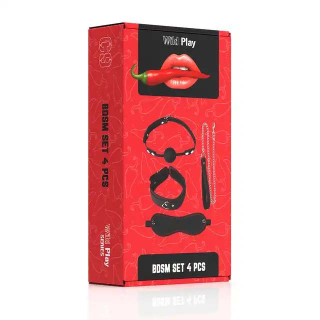 Erospace - Wild Play BDSM 4pcs Set. Zestaw BDSM z kneblem, obrożą, smyczą i opaską na oczy, kontrola, komfort i zmysłowe uniesienie