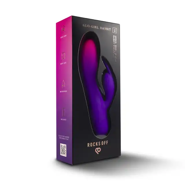 Rocks Off - Glo-Girl Rabbit Purple. Miękka, bezpieczna dla ciała silikonowa powłoka i mocna podwójna stymulacja. 