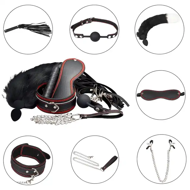 Erospace - Wild Play BDSM 7pcs Set.  Zestaw BDSM z kneblem, obrożą, smyczą, zaciskami na sutki, opaską na oczy i silikonowym korkiem analnym dla prawdziwych miłośników kontrolowanej przyjemności