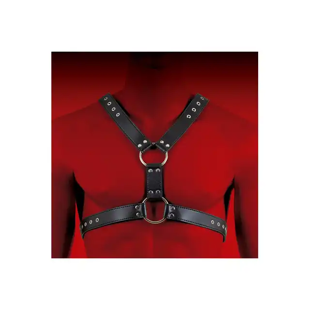 Virgite - Men Body Harness Mod. 5. Harness z ekologicznej skóry wyposażony w dwa pierścienie połączone skórzanym paskiem prosto z Hiszpanii