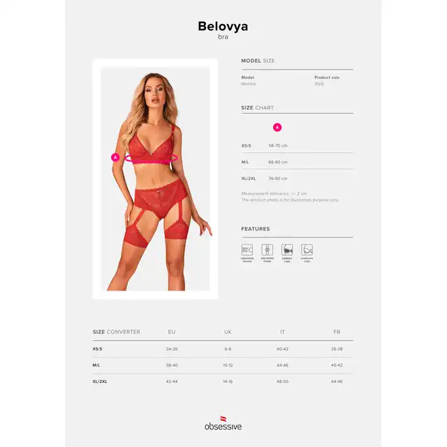 Obessive - Belovya Bra XS/S. Romantyczny biustonosz typu longline w soczystej czerwieni, stworzony dla kobiet, które pragną podkreślić swój seksapil i zmysłowość