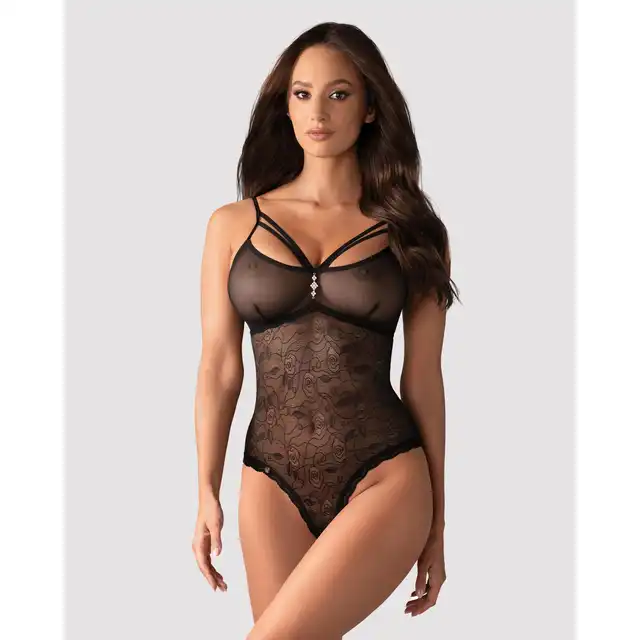 Obsessive - 818-TED-1 Body L/XL. Urocze body z motywem różyczek i otwartym krokiem, idealne na niegrzeczne wieczory.