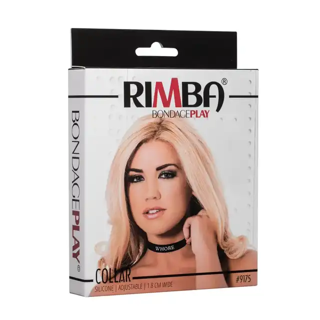 Rimba - Collar Whore. Stylowa i odważna obroża z napisem „Whore”, wykonana z wysokiej jakości silikonu, zapewniająca komfort i efektowny wygląd