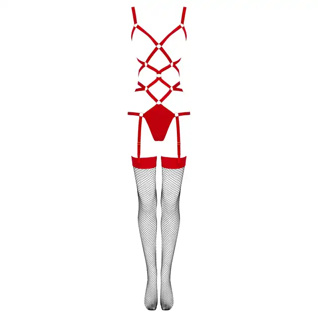 Livia Corsetti - Thiara Red. Zmysłowe body z pończochami, które rozpala wyobraźnię w rozmiarze L/XL