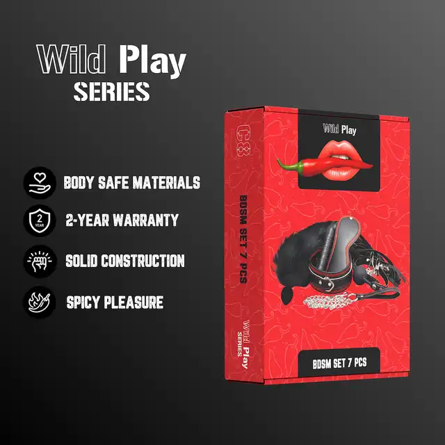 Erospace - Wild Play BDSM 7pcs Set.  Zestaw BDSM z kneblem, obrożą, smyczą, zaciskami na sutki, opaską na oczy i silikonowym korkiem analnym dla prawdziwych miłośników kontrolowanej przyjemności