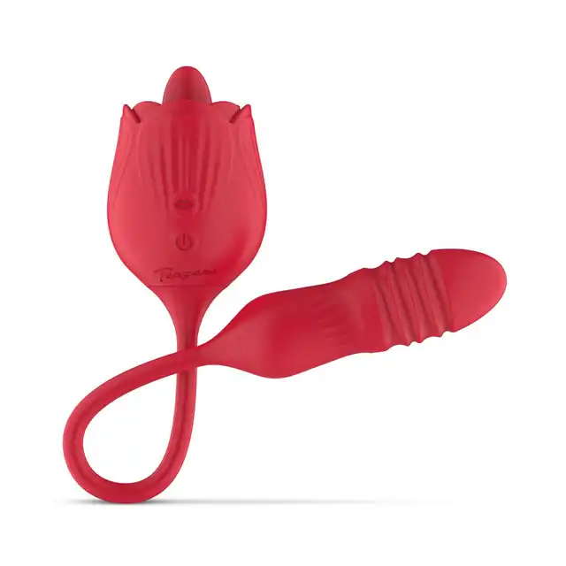 Teazers - Rose Vibrator with Thrusting Dildo. Zabawka, która łączy w sobie trzy rodzaje stymulacji: wibracje, pchnięcia oraz lizanie językiem, pełne spektrum przyjemności