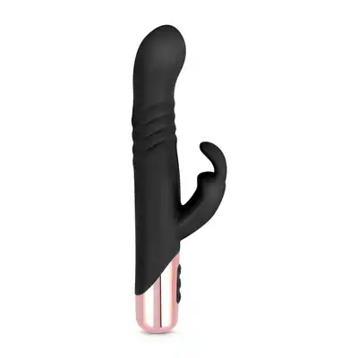 Rosy Gold - Rabbit Vibrator with thrusting function Black. Elegancki wibrator króliczek z funkcją intensywnych pchnięć dla dodatkowej stymulacji
