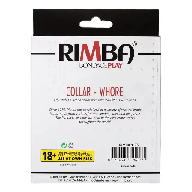 Rimba - Collar Whore. Stylowa i odważna obroża z napisem „Whore”, wykonana z wysokiej jakości silikonu, zapewniająca komfort i efektowny wygląd