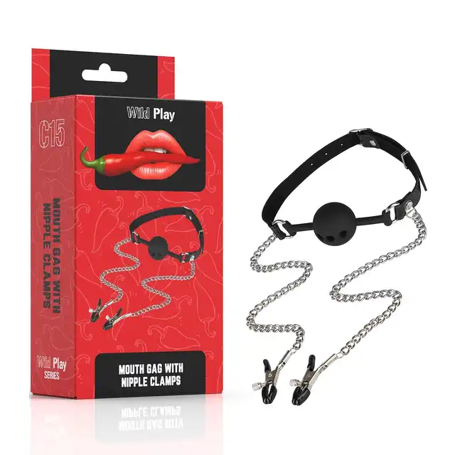 Erospace - Wild Play Mouth Gag with Nipple Clamps. Knebel z zaciskami na sutki – intensywna kontrola i podwójna rozkosz