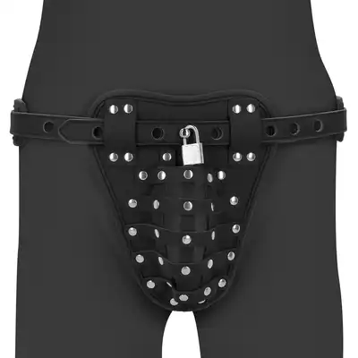 Ouch! - Leather Chastity Jock. Skórzane połączenie klatki na penisa i psa cnoty.