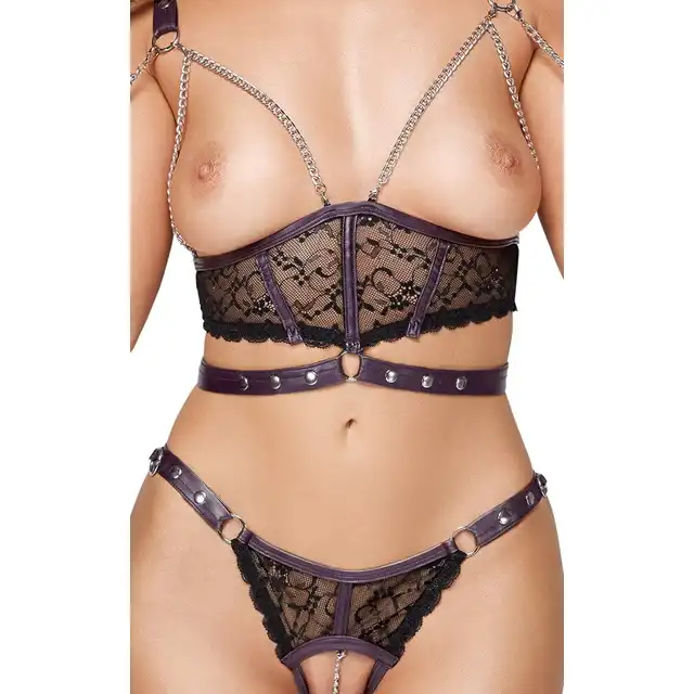 Cottelli Bondage - Top Set L. Stylowy zestaw erotycznej bielizny z wycięciami, komplet z elementami bondage