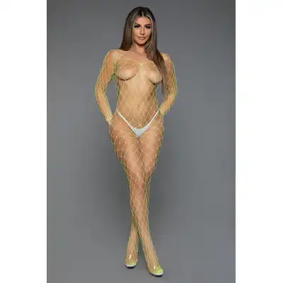 BeWicked - Cannot Hide Bodystocking NG/OS. Zmysłowy neonowy zielony bodystocking z siateczki, otwarty krok i wyeksponowane pośladki do uwodzenia