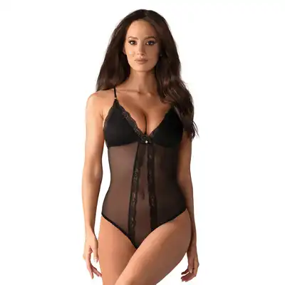 Obsessive - 841-TED-1 Body L/XL. Zmysłowe body z siateczki i koronki z otwartym krokiem i figlarnymi detalami.