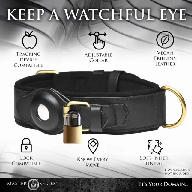 Master Series - Tracking Collar Black. Czarna obroża śledząca dla uległego z miejscem na AirTag – styl i pełna kontrola