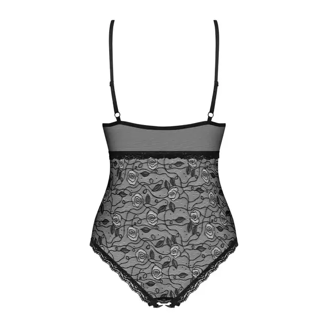 Obsessive - 818-TED-1 Body S/M. Urocze body z motywem różyczek i otwartym krokiem, idealne na niegrzeczne wieczory