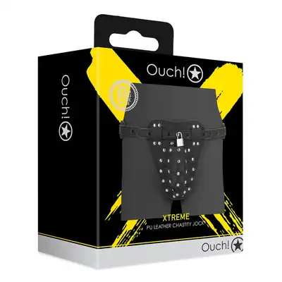 Ouch! - Leather Chastity Jock. Skórzane połączenie klatki na penisa i psa cnoty.