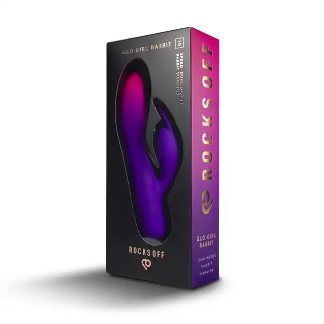 Rocks Off - Glo-Girl Rabbit Purple. Miękka, bezpieczna dla ciała silikonowa powłoka i mocna podwójna stymulacja. 