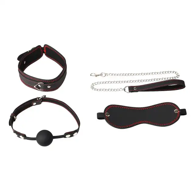 Erospace - Wild Play BDSM 4pcs Set. Zestaw BDSM z kneblem, obrożą, smyczą i opaską na oczy, kontrola, komfort i zmysłowe uniesienie