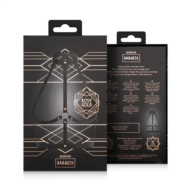 Rosy Gold - Body Harness Black. Stylowa uprząż z metalowym pierścieniem dla poczucia pewności siebie, seksowne pokreślenie biustu