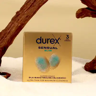 Durex - Sensual Slim 3. Supercienkie prezerwatywy o węższym rozmiarze, stworzone z myślą o większej wrażliwości i idealnym dopasowaniu