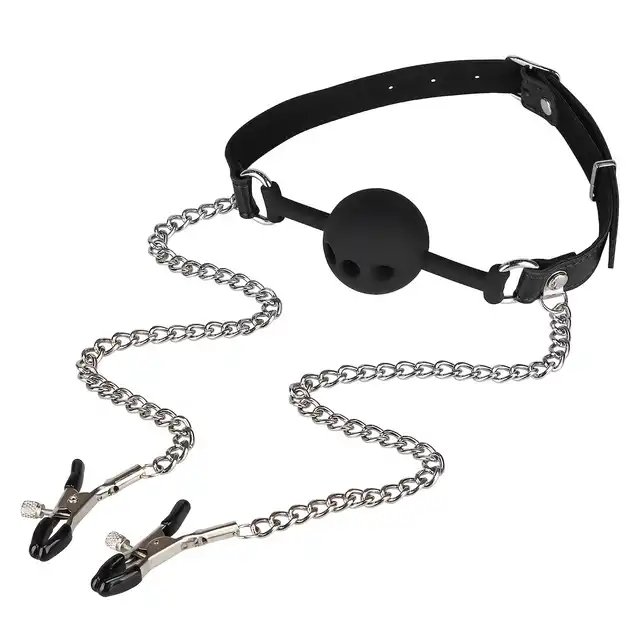 Erospace - Wild Play Mouth Gag with Nipple Clamps. Knebel z zaciskami na sutki – intensywna kontrola i podwójna rozkosz