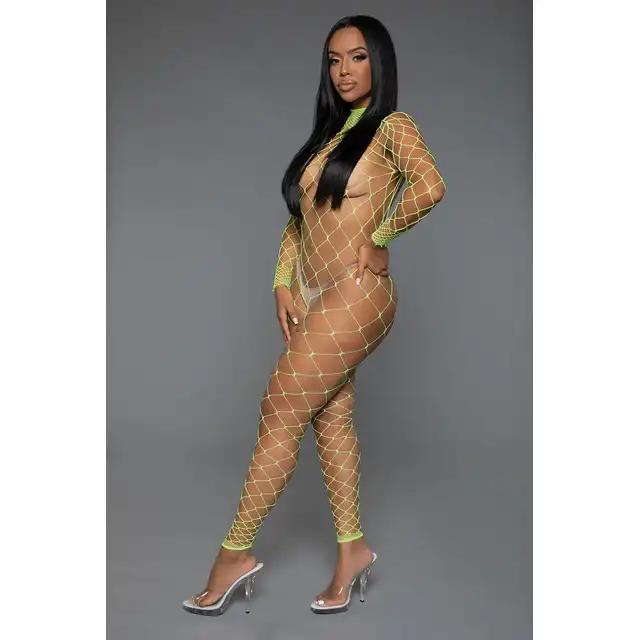 BeWicked - Sweet Desires Bodystocking NG/OS. Neonowo zielony bodystocking na całe ciało  z siateczki dla zmysłowej elegancji