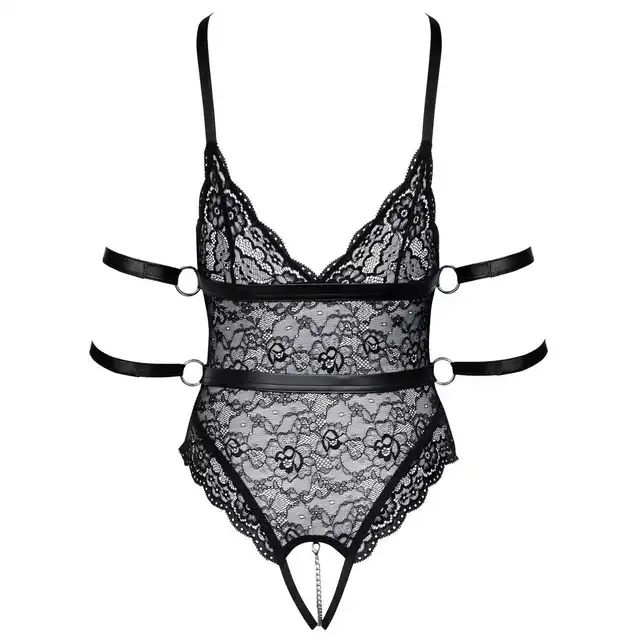 Cottelli Collection - Crotchless Bondage Body L. Zmysłowe body z odpinanymi paskami i kajdankami, idealne do zabaw bondage