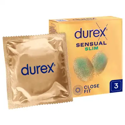 Durex - Sensual Slim 3. Supercienkie prezerwatywy o węższym rozmiarze, stworzone z myślą o większej wrażliwości i idealnym dopasowaniu