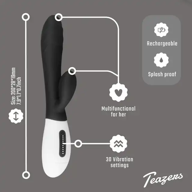 Teazers - Rabbit Vibrator Black. Czarny wibrator ze stymulatorem łechtaczki, ekscytująca stymulacja punktu G i łechtaczki