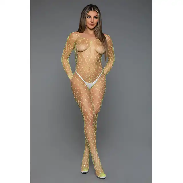 BeWicked - Cannot Hide Bodystocking NG/OS. Zmysłowy neonowy zielony bodystocking z siateczki, otwarty krok i wyeksponowane pośladki do uwodzenia